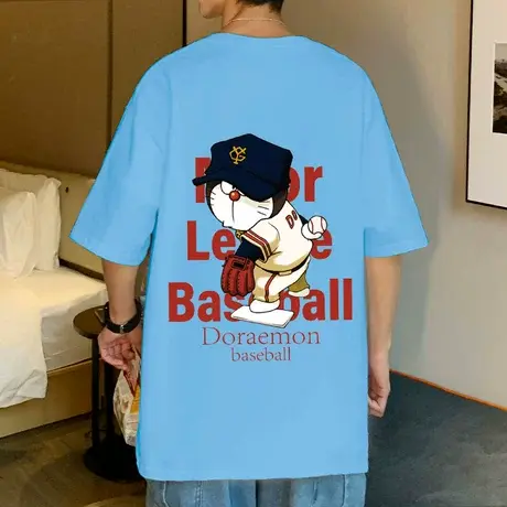 棒球猫印花纯棉短袖t恤男夏季宽松体恤港风潮牌卡通情侣上衣ins潮商品大图