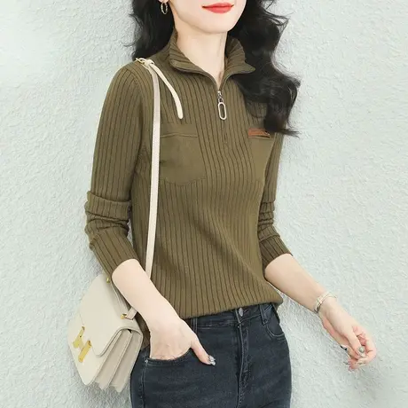 韩潮袭人法式针织衫女新款拉链长袖打底衫半高领毛衣上衣秋冬内搭商品大图