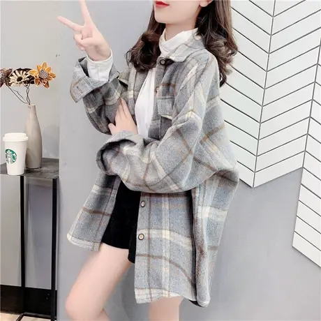 2021年秋冬新款慵懒风加厚毛呢衬衫复古格子宽松长袖衬衫上衣外套商品大图