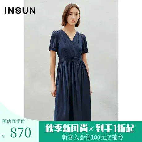 恩裳2023夏季新款法式复古褶皱设计细闪银丝四面弹连衣裙图片
