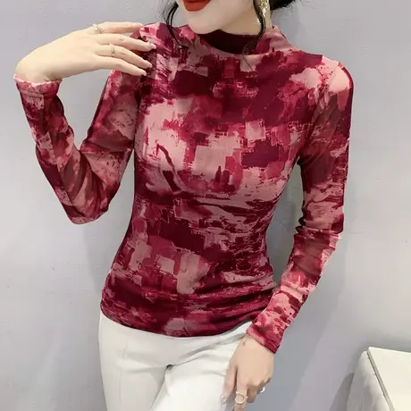 半高领打底衫女内搭春秋漂亮印花气质显瘦T恤长袖扎染网纱上衣女图片