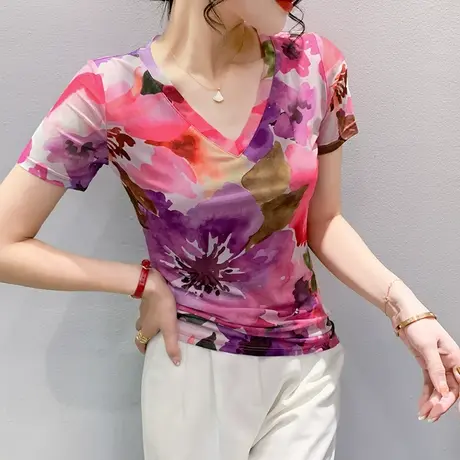 欧货性感网纱V领T恤女短袖漂亮印花气质小衫时尚洋气修身显瘦上衣商品大图
