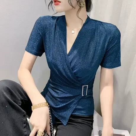 欧货性感V领T恤女短袖2023夏季新款不规则开叉上衣设计感收腰小衫商品大图