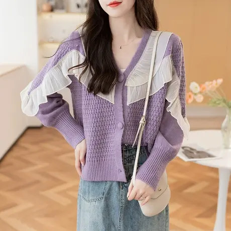 秋装女2023年新款小个子时尚针织开衫外套女蕾丝边设计感外搭上衣商品大图