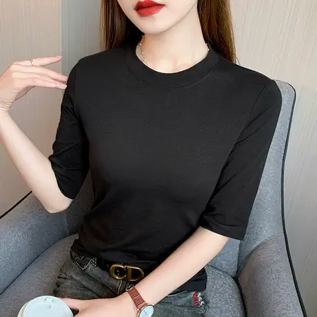 黑色小高领纯棉中袖短袖t恤女夏季新款2023修身五分半袖洋气上衣商品大图