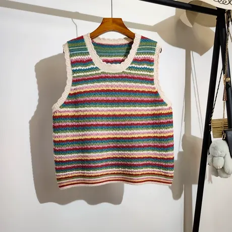 彩虹色条纹针织背心马甲女秋冬新款宽松圆领时尚无袖毛衣坎肩外穿图片