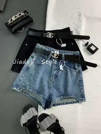 韩版牛仔短裤女2023春夏新款显瘦百搭配腰带阔腿短裤A字高腰短裤商品大图
