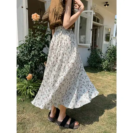 实拍复古小碎花百褶半身裙女宽松雪纺中长款裙子伞裙2023春秋新款图片
