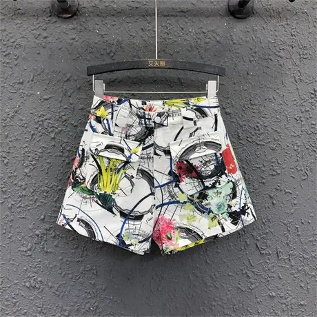 欧货花色牛仔短裤女2023夏季新款时尚口袋高腰宽松显瘦a字阔腿裤图片