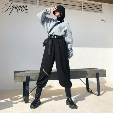 毛呢哈伦裤女秋季复古潮流休闲裤子宽松显瘦直筒九分工装萝卜裤图片