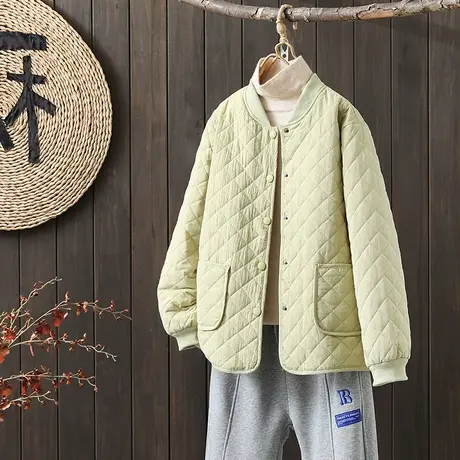 枫谜2022年冬季新款复古菱格宽松显瘦薄棉棒球服立领夹棉外套图片