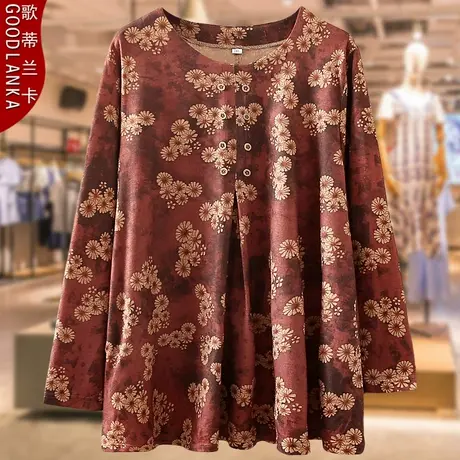 加肥加大码中老年妈妈秋装打底衫上衣宽松洋气印花中长款长袖T恤商品大图