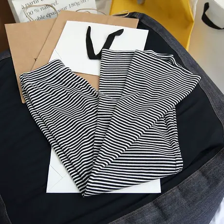 黑白横条纹阔腿裤女高腰垂感长裤子女宽松直筒新款韩版休闲拖地潮图片