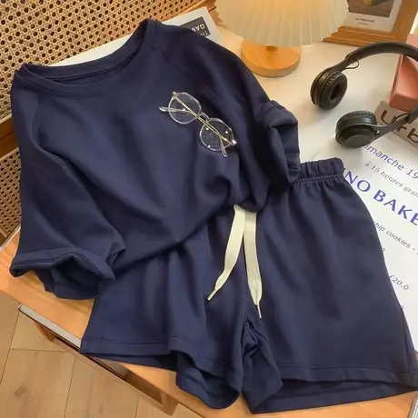 网红盐系运动服套装女夏季薄款宽松短袖短裤小个子时尚休闲两件套商品大图