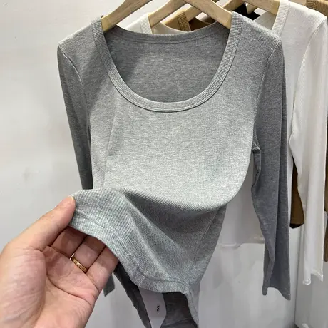 设计感低圆领锁骨螺纹长袖T恤女2023早秋新款圆弧下摆打底衫上衣图片
