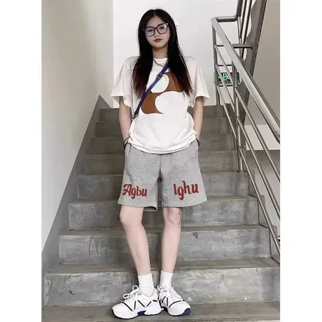 灰色阔腿短裤女夏季2023新款宽松小个子美式复古运动裤休闲五分裤商品大图