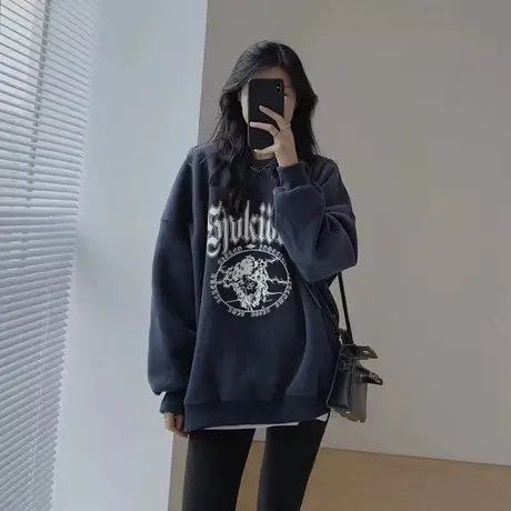 美式复古卫衣女秋冬季加绒加厚ins潮牌设计感高街宽松大码上衣服商品大图