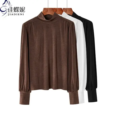 秋冬新款韩版中高领宽松双面德绒泡泡袖纯色长袖体恤上衣女打底衫商品大图
