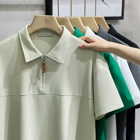 日系polo衫短袖翻领T恤男设计感拉链拼接宽松高级感痞帅衬衫体恤商品大图
