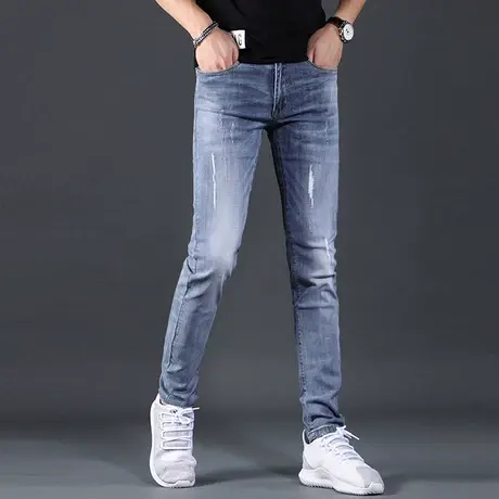断码清仓 牛仔裤男夏季薄款修身小脚浅蓝色破洞男士牛仔裤潮流商品大图