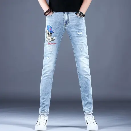 2023新款男士牛仔裤子经典浅蓝色破洞刺绣修身小脚裤男潮牌棉弹裤商品大图