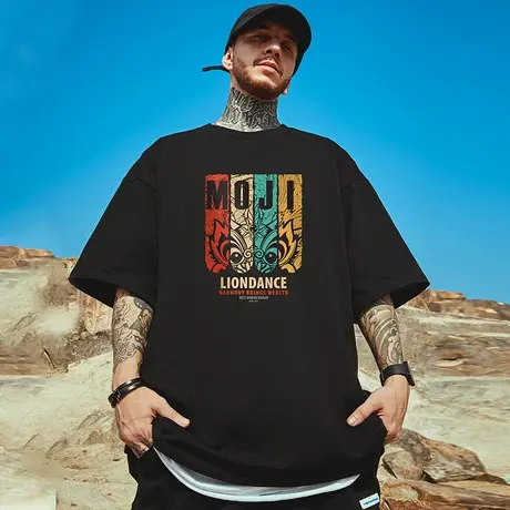 国潮oversize短袖t恤男潮加肥加大码情侣bf宽松纯棉醒狮半袖潮流商品大图