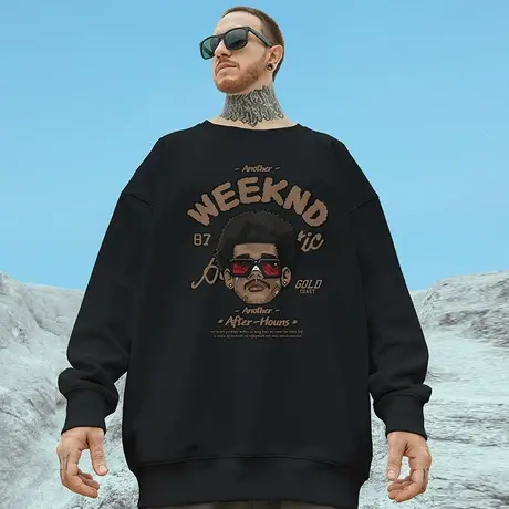 oversize港风圆领卫衣男潮牌ins简约大码男装秋冬季加绒加厚嘻哈商品大图