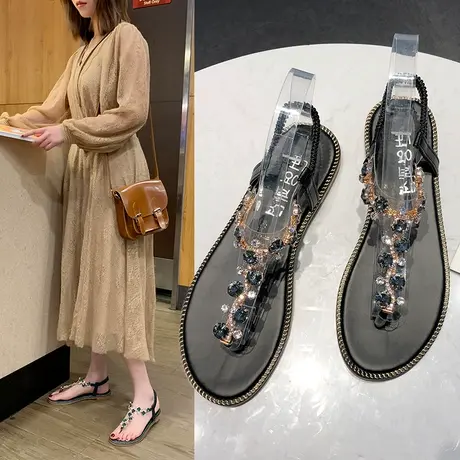 亮钻凉鞋女2023夏季新款韩版夹趾学生平底休闲仙女风沙滩凉鞋子女图片