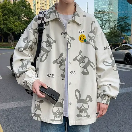 港风牛仔衬衫男长袖春秋季潮牌个性印花衬衣外套男士休闲痞帅上衣商品大图