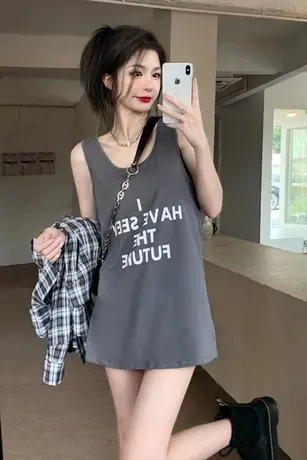 纯棉港风吊带运动背心无袖t恤女夏季设计感小众外穿美式复古上衣图片