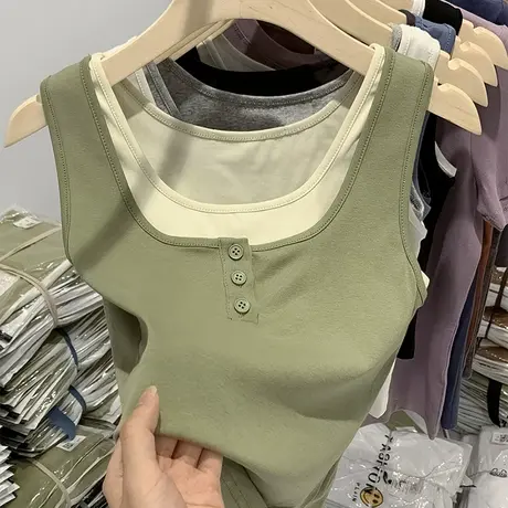 短款吊带无袖背心女夏季撞色不规则假两件内搭设计感小众外穿上衣图片