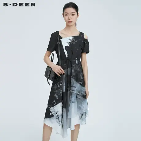 sdeer圣迪奥女装连衣裙不规则领露肩印花收腰短袖连衣裙S22281257图片