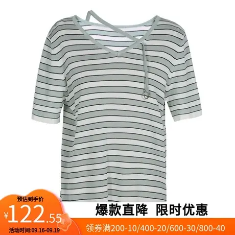【艾格】休闲针织衫2023春秋款新品简约个性V领条纹显瘦女生上衣图片