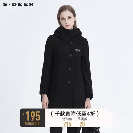 sdeer圣迪奥冬季时尚高领字母贴布不规则黑色毛呢外套S194A1734图片