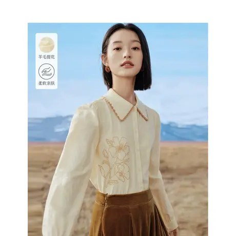 茵曼毛织翻领衬衣2023冬季女装新款原创珠片绣花朵长袖显瘦上衣商品大图