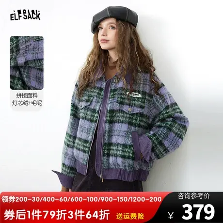 妖精的口袋拼接短款毛呢外套女2023冬季新款复古格纹灯芯绒呢大衣图片