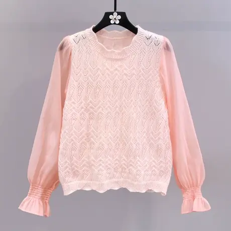镂空勾花雪纺拼接针织衫女2023春装新款设计感小众洋气假两件毛衣图片
