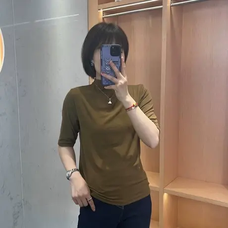 2023早秋新款纯色五分袖T恤女时尚简约洋气百搭半高领套头上衣潮图片