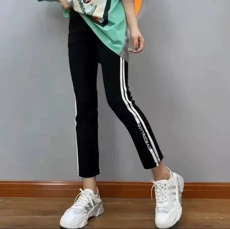 2023春季新款高腰八分休闲裤女夏侧条纹哈伦裤显瘦弹力开叉九分裤商品大图