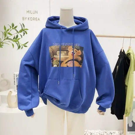 韩国东大门2022春秋薄款原宿风港味慵懒连帽卫衣克莱因蓝色大版潮图片