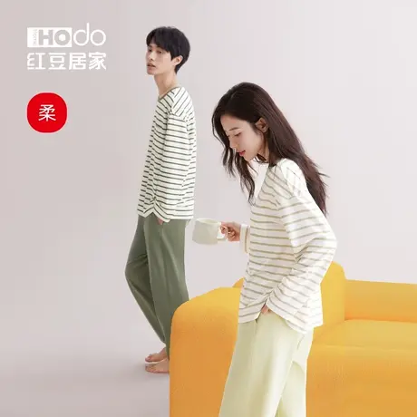红豆【柔柔棉】情侣长袖睡衣条纹套头春秋男女空调家居服套装夏季图片