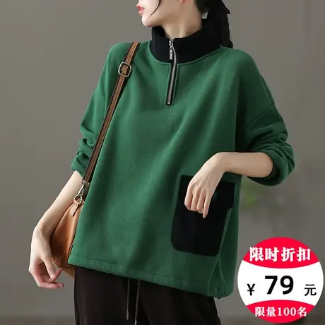 dza 复古拉链高领加绒卫衣女士2022冬季新款加厚外套短款休闲上衣图片