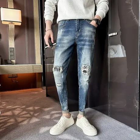 秋季新品男装休闲裤高街潮牌牛仔裤破洞贴布弹力百搭男小脚长裤子商品大图