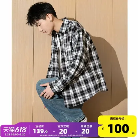 唐狮2025春季新款长袖衬衫男日系港风宽松衬衣青少年格子衬衫外套商品大图
