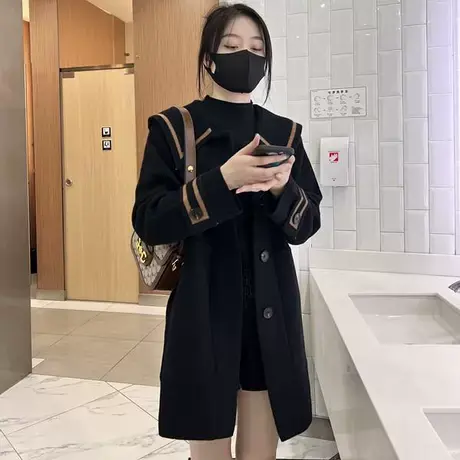 海军领大衣中长款女2023新款韩版学院风小个子单排扣a字毛呢外套图片