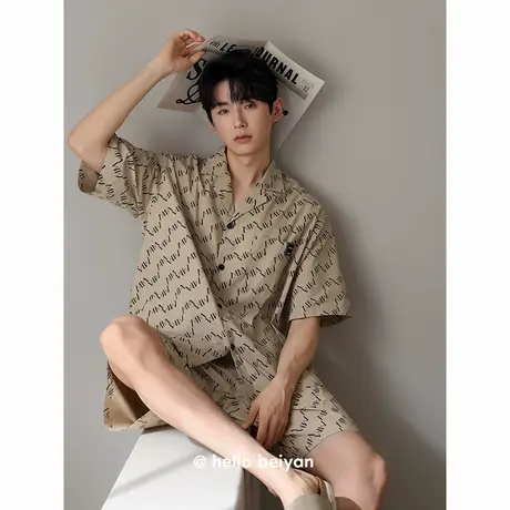 贝妍高级感睡衣男士夏季纯棉短袖开衫家居服时尚翻领宽松大码套装商品大图