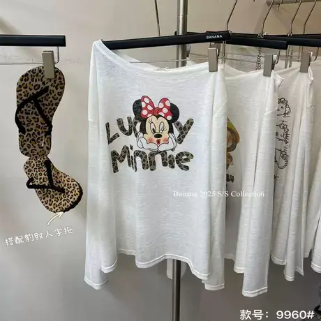韩国东大门夏季款美式卡通米奇豹纹印花斜领露肩长袖t恤防晒上衣商品大图