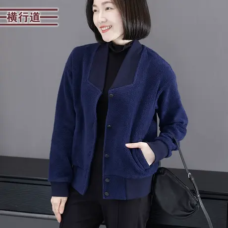 2023冬季新款纯色简约V领宽松短款摇粒绒外套女装大码保暖上衣服商品大图