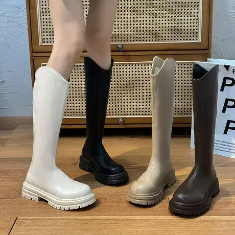 女靴2023新款秋季v口粗跟洋气时装瘦瘦靴法式复古厚底女士长筒靴图片