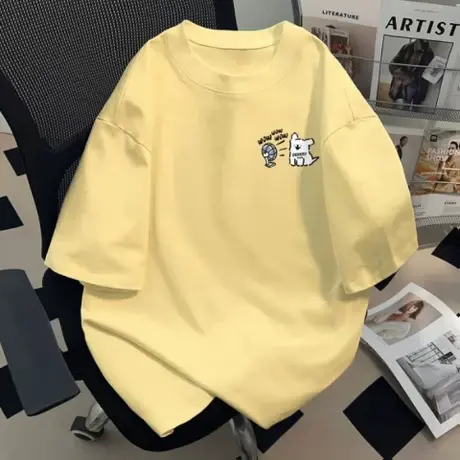 美式纯棉t恤短袖男女夏季时尚ins款半袖个性情侣装奶黄色凉感上衣图片
